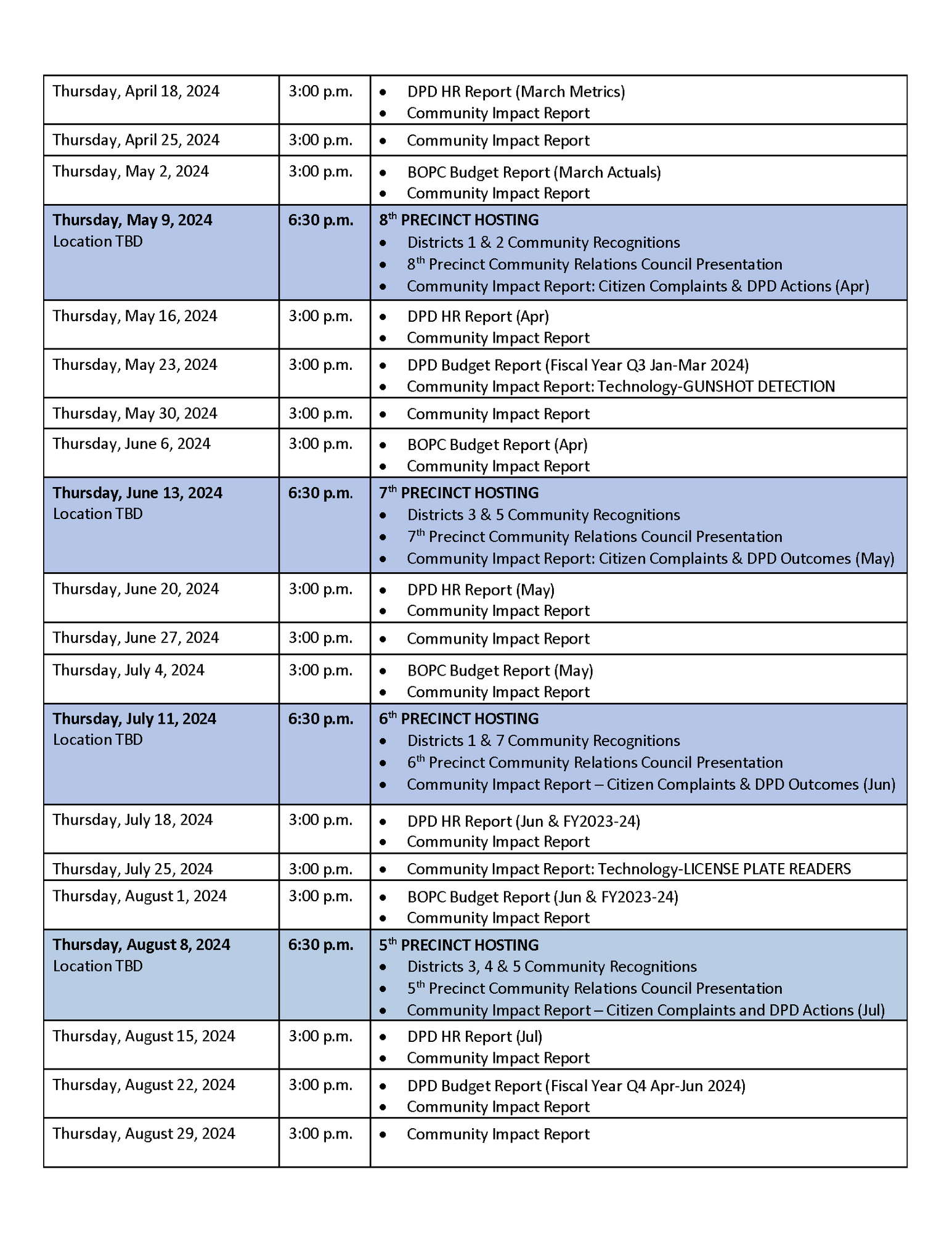 2024 Calendar for weekly BOPC meetings each Thursday Page 2