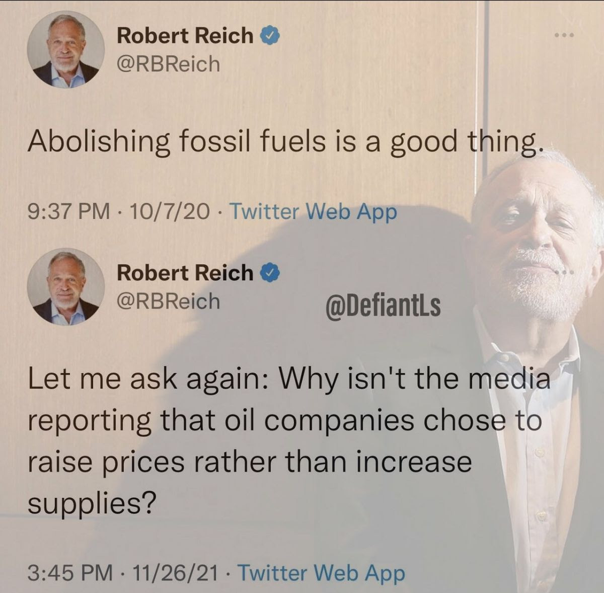 Hypocrite Robert Reich says fossil fuels should be abolished then complains about the price.