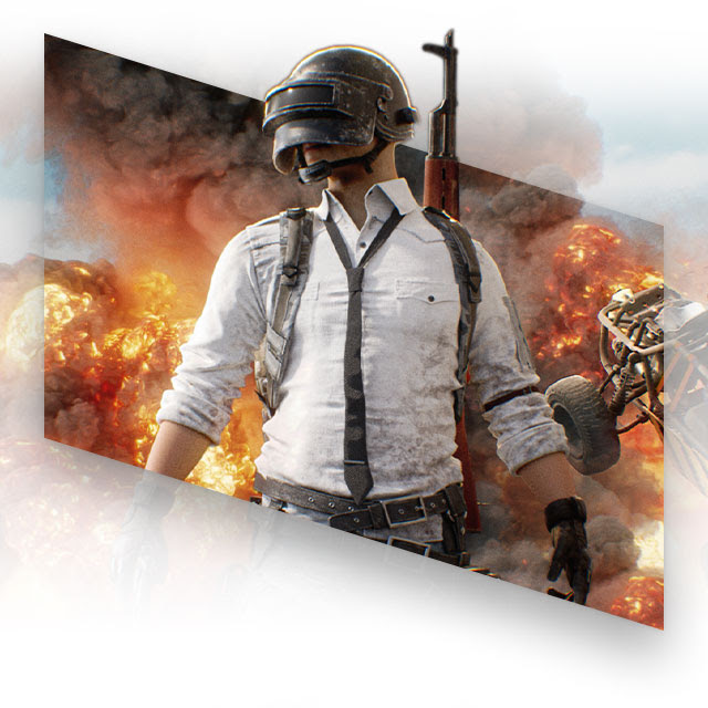 PUBG key art featuring a person in a long-sleeved dress shirt and tie wearing a welding mask with a dune buggy and multiple explosions in the background.