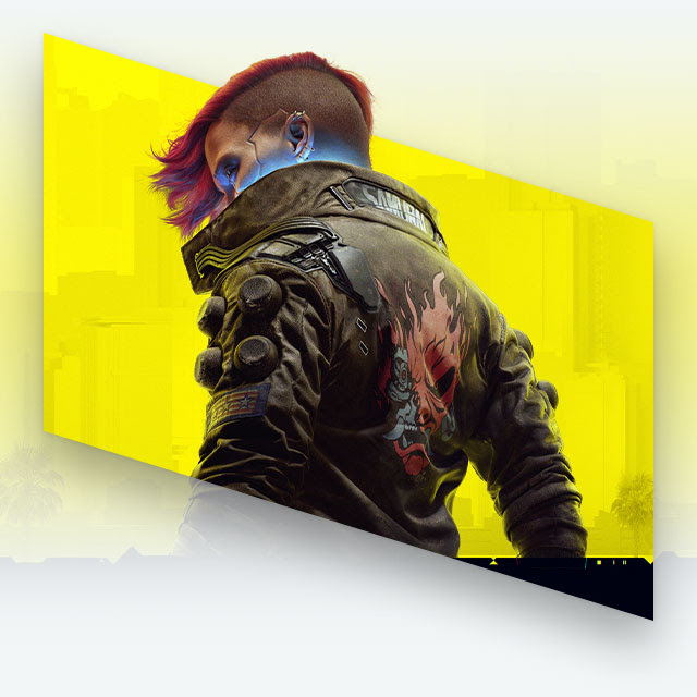 Key art For Cyberpunk 2077 featuring the character V wearing a leather jacket with a demon logo on the back, looking over their shoulder.