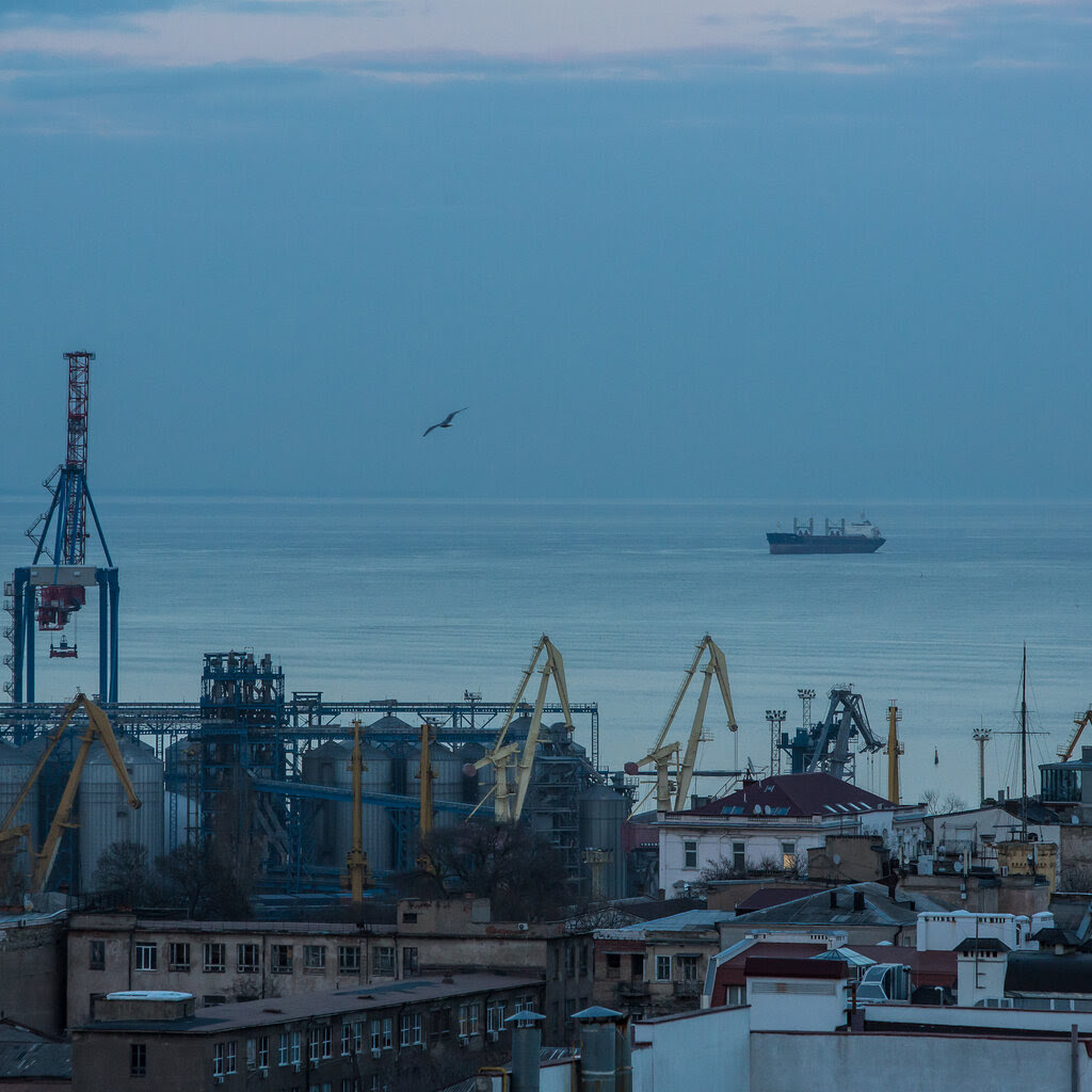 Buildings in the city of Odesa with the Black Sea in the background.