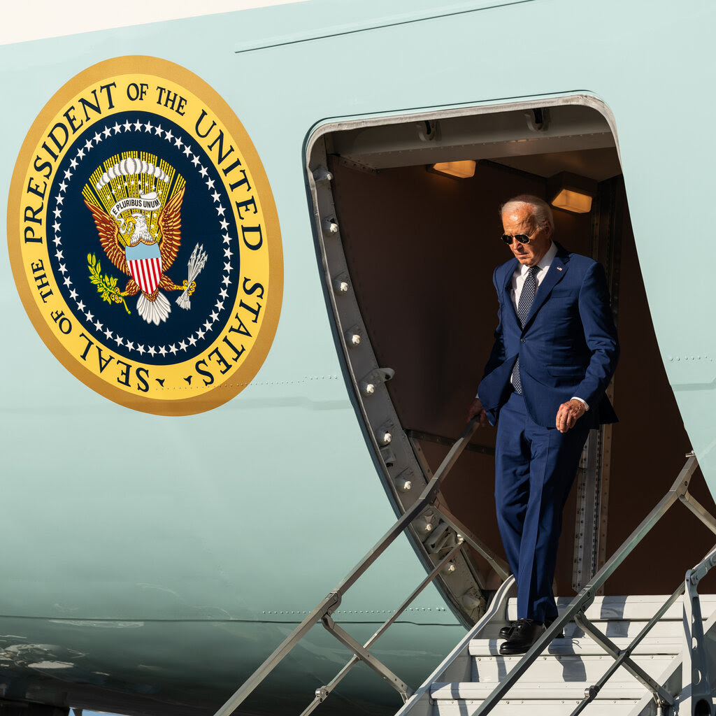 President Biden disembarks from Air Force One.