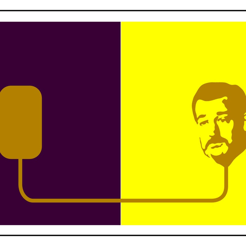 Blue and yellow side-by-side with an illustration of a man on one side.