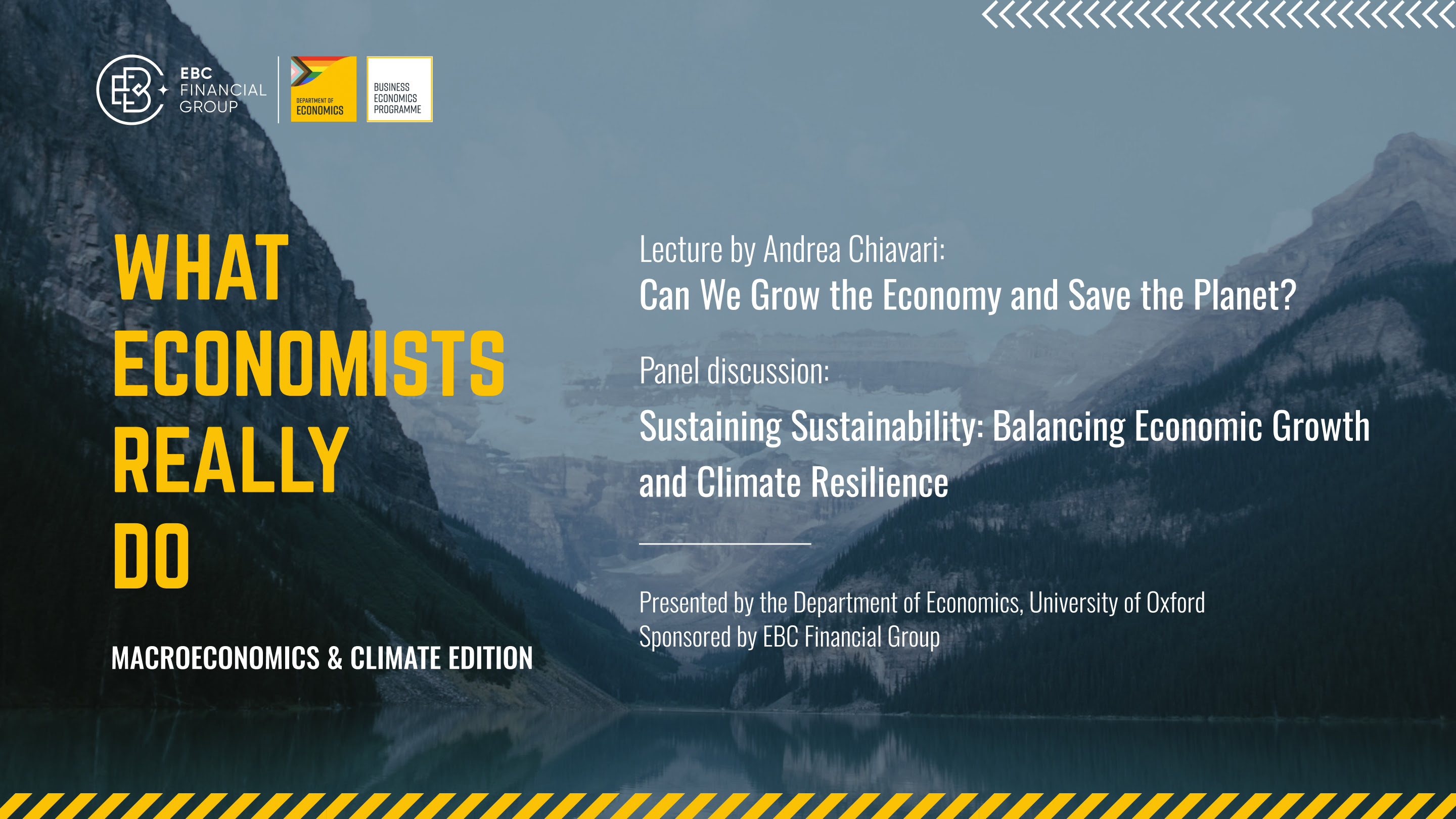 Banner for the What Economists Really Do event, featuring discussions on economic growth and climate resilience, sponsored by EBC Financial Group.