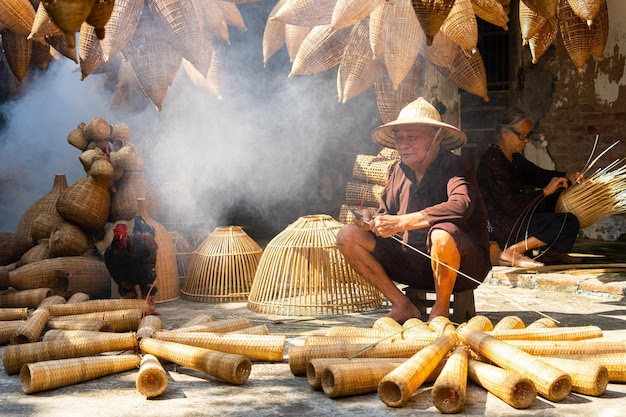 View of Vietnamese craftsman making the traditional bamboo fish trap or weave at the old traditional house in Thu sy trade village Hung Yen Vietnam