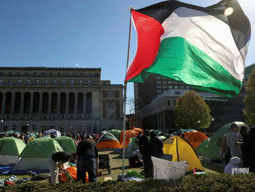 Students continue to protest at an encampment supporting Palestinians on the Columbia University campus in New York City, U.S., in April.