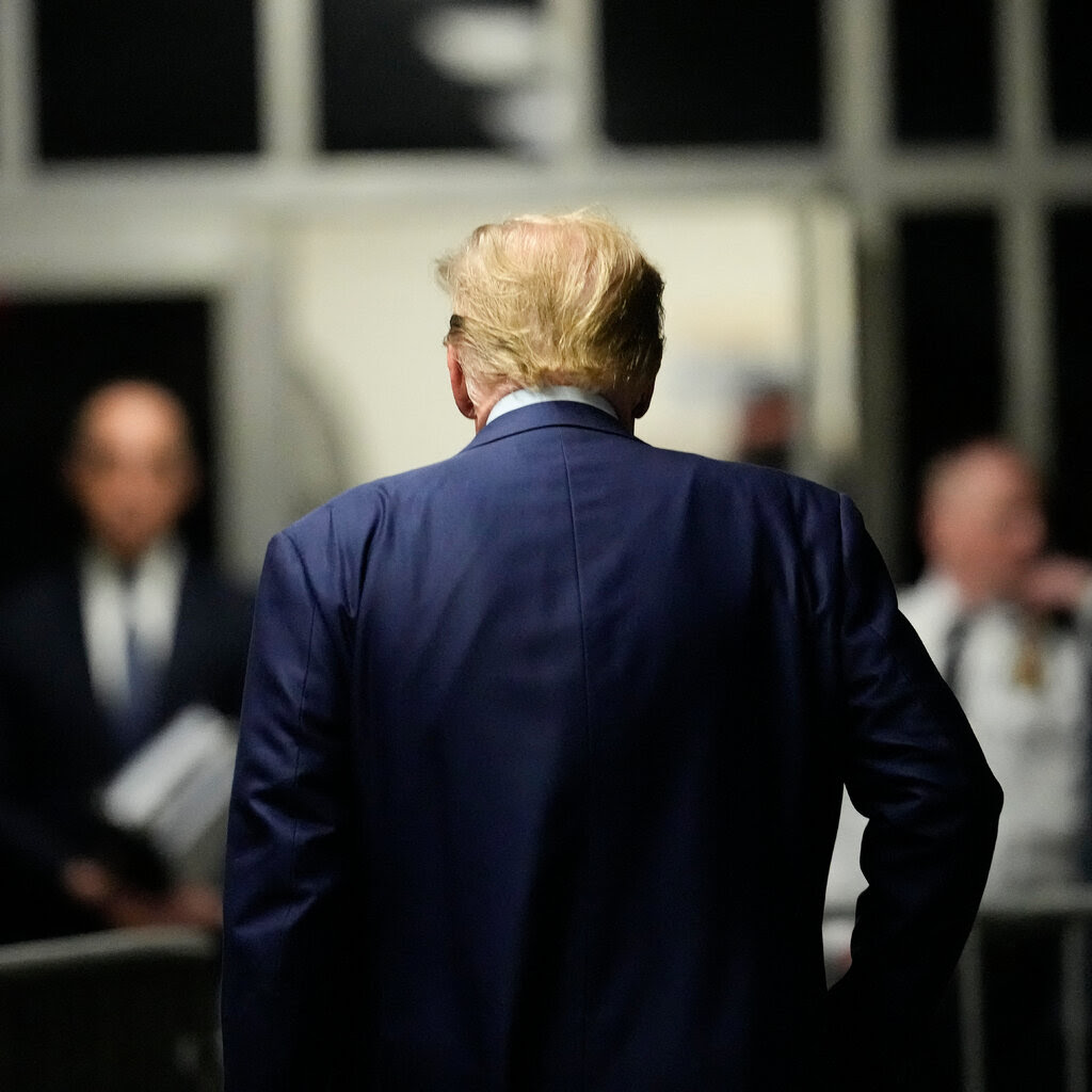 Trump in blue suit seen from behind.
