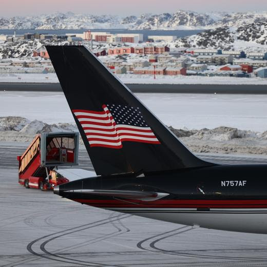 A plane carrying Donald Trump Jr. lands in Nuuk, Greenland, Tuesday, Jan. 7, 2025. (Emil Stach/Ritzau Scanpix via AP)