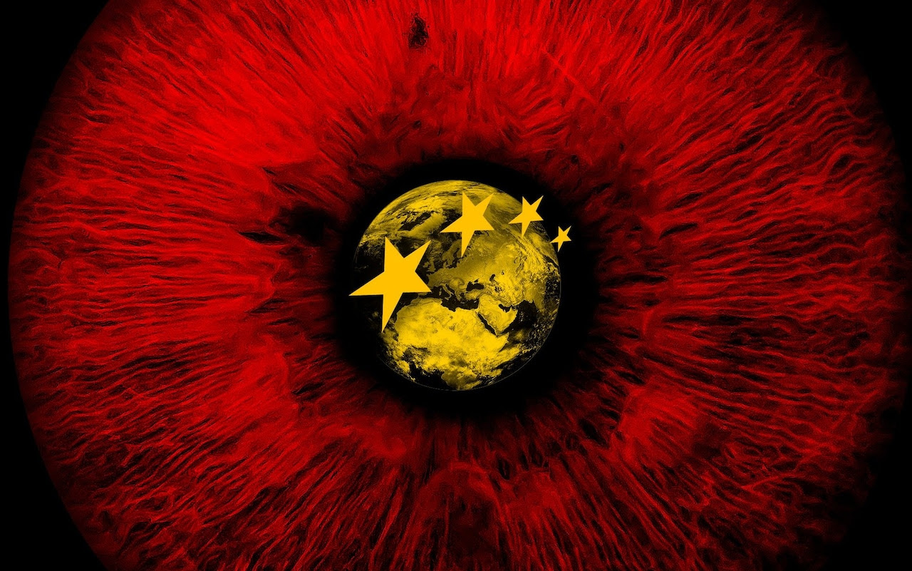 Illustration of an eye with Chinese flag and the globe as its pupil