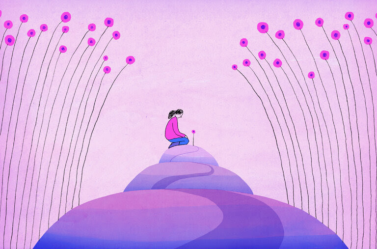 An illustration of a woman sitting on a little hill looking down at a small flower while other taller flowers surround her.