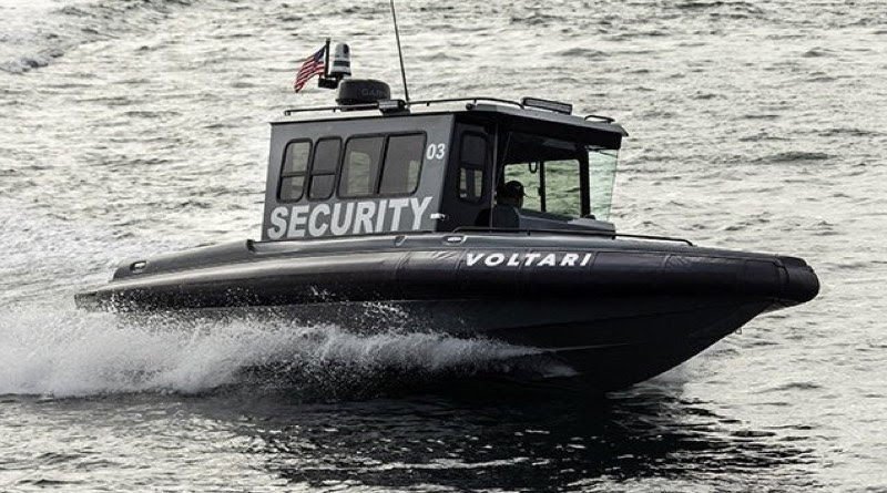 Voltari high speed electric RIB patrol boat going through the water
