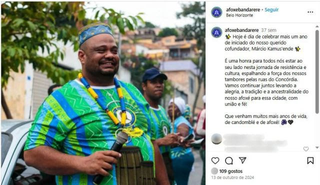 Publicação em rede social de terreiro de candomblé em que homenageia cofundador e reforça os laços de ancestralidade e resistência cultural.