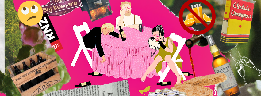 A digital collage centred around an illustration of a sober person sitting at table looking sad as people are drinking heavily.