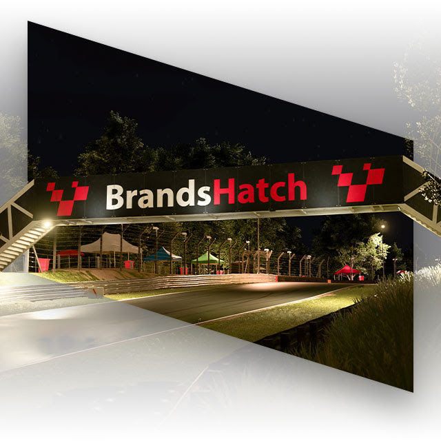 An image of a Brands Hatch race track pedestrian bridge on the Brands Hatch racing circuit at night as seen in Forza Motorsport.