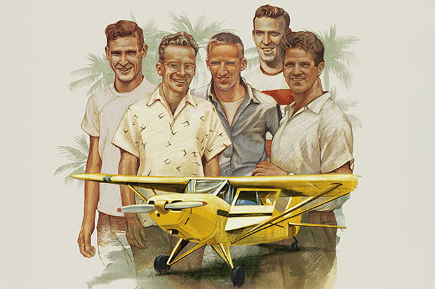 Drawing of Jim Elliot with others and an airplane