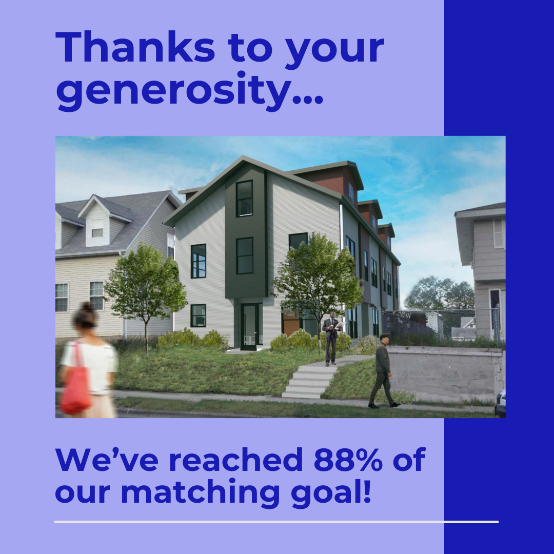 image: photo of a housing rendering. Text: Thanks to your generosity we've reached 88%