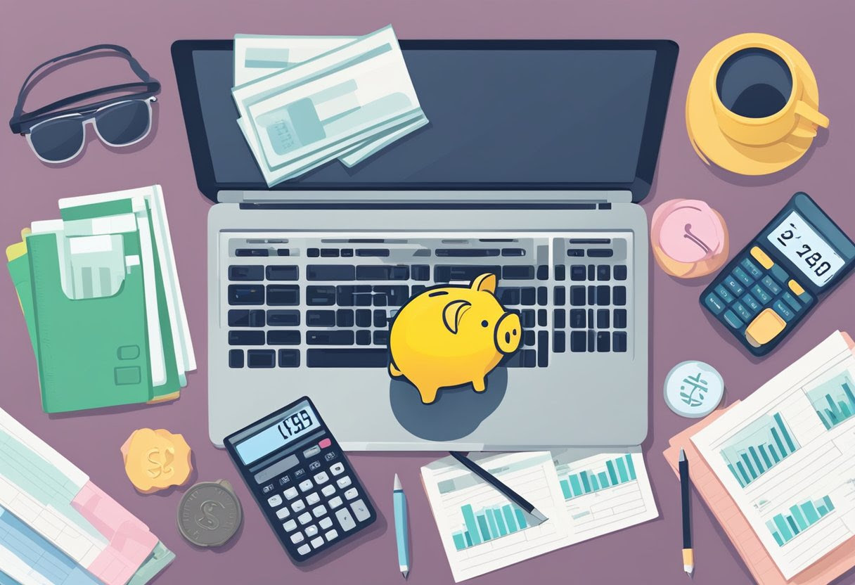 A laptop surrounded by bills, a piggy bank, and a calculator, symbolizing online jobs managing financial needs