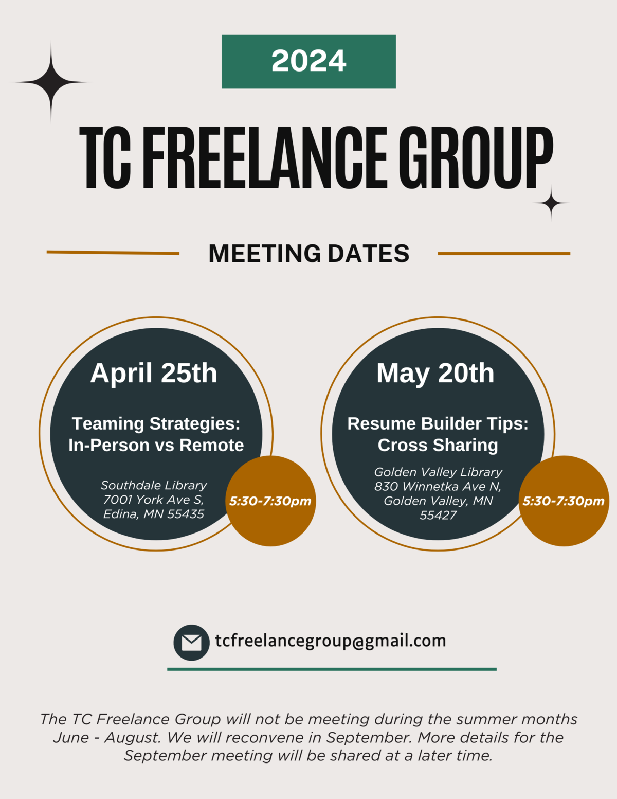 2024 TC Freelance Group Meeting Dates. April 25th Teaming Strategies: In-Person vs Remote from 5:30-7:30pm at Southdale Library 7001 York Ave S., Edina, MN 55435.  May 20th Resume Builder Tips: Cross Sharing from 5:30-7:30pm at the Golden Valley Library 830 Winnetka Ave N., Golden Valley, MN 55427. The TC Freelance Group will not be meeting during the summer months June - August. We will reconvene in September. More details for the September meeting will be shared at a later time.  
