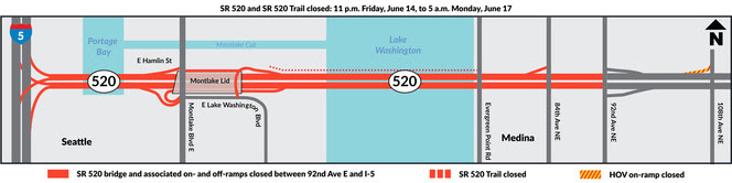 map shows sr 520 and ramps and trail closed in red with text legend at bottom