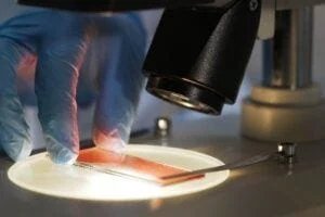 A slide under a microscope with a blood sample