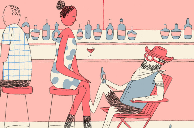 An illustration of a woman at a bar on a stool next to a man in a lawn chair looking like he's dressed for the Burning Man festival.