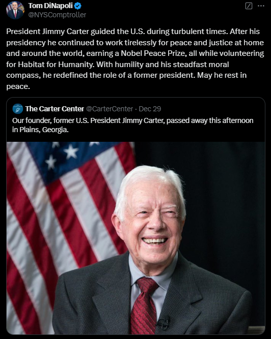 State Comptroller DiNapoli's post about President Carter's passing