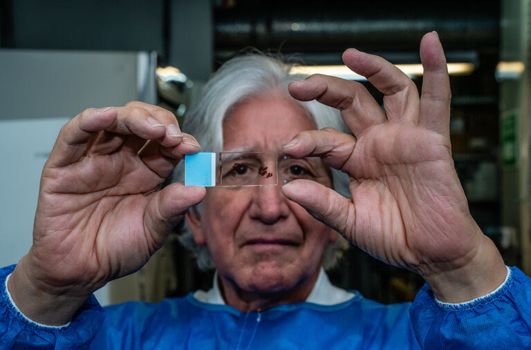 Francisco Lopera in a blue gown holds a rectangular piece of glass in the air in front of his face.