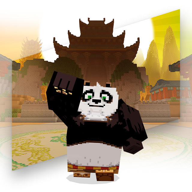 An image of Po the Panda from the Kung Fu Panda film franchise posing before a temple as seen in Minecraft.