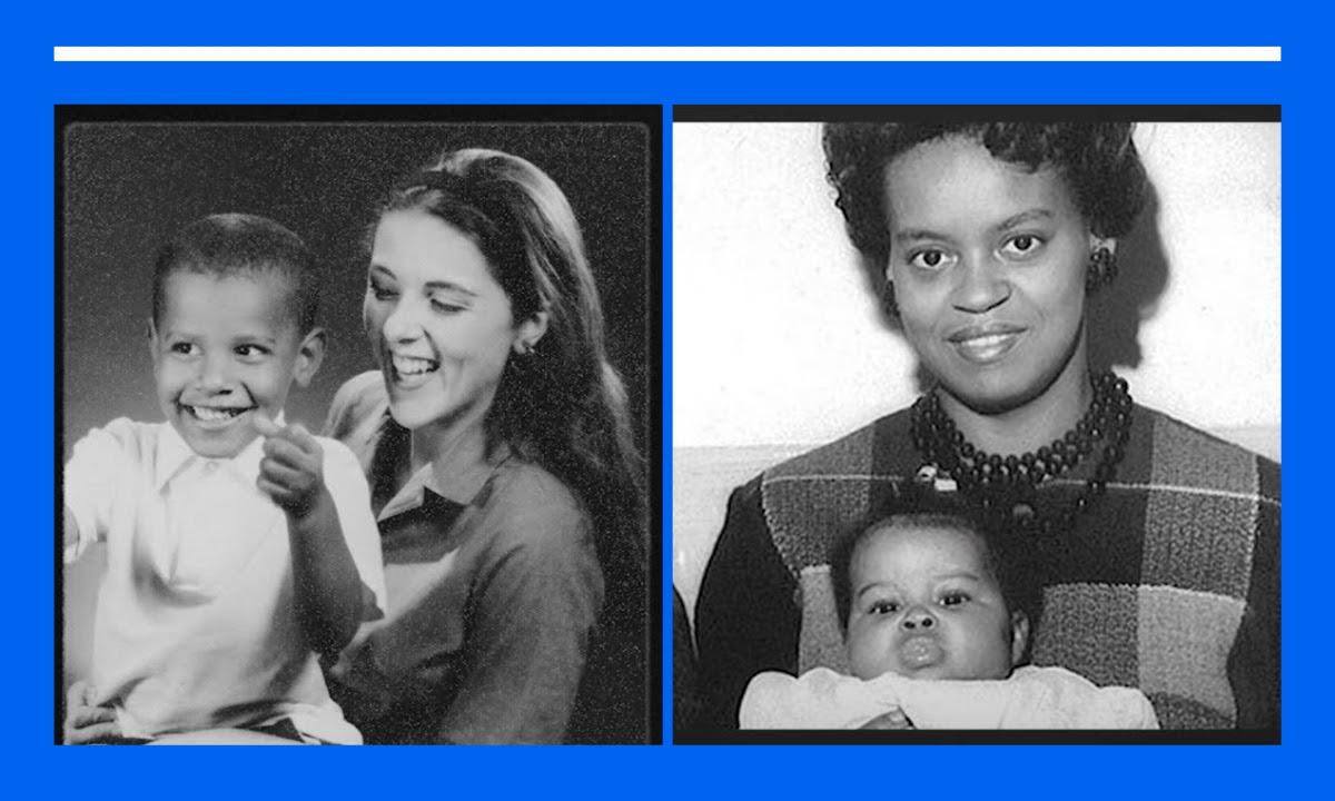 Two side by photos show childhood of President and Mrs. Obama with their mothers.