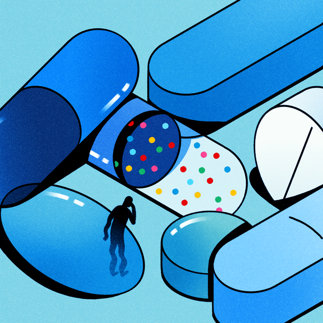 An illustration of a maze made of different shaped pills. A figure is standing among the pills looking confused. The pills and background are various shades of blue. 