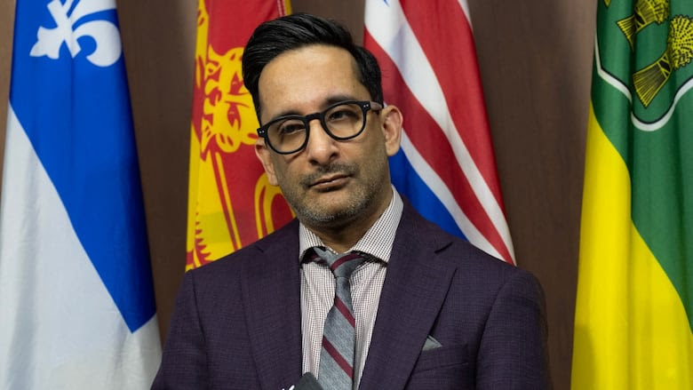 Former Canadian Human Rights chief commissioner Birju Dattani listens to his lawyer during a news conference on Parliament hill, Thursday, Feb. 6, 2025 in Ottawa.