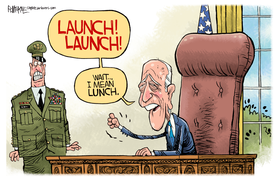 Editorial cartoon showing Biden yelling "launch" but meaning "lunch."