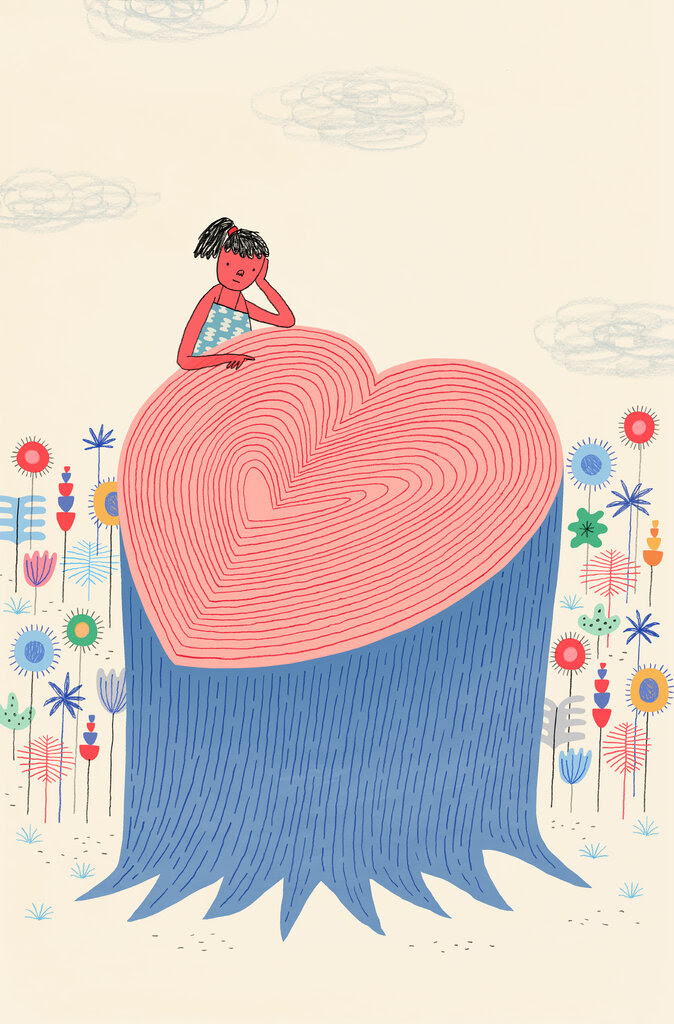 An illustration of a woman leaning against a tree stump in the shape of a heart and surrounded by wildflowers.