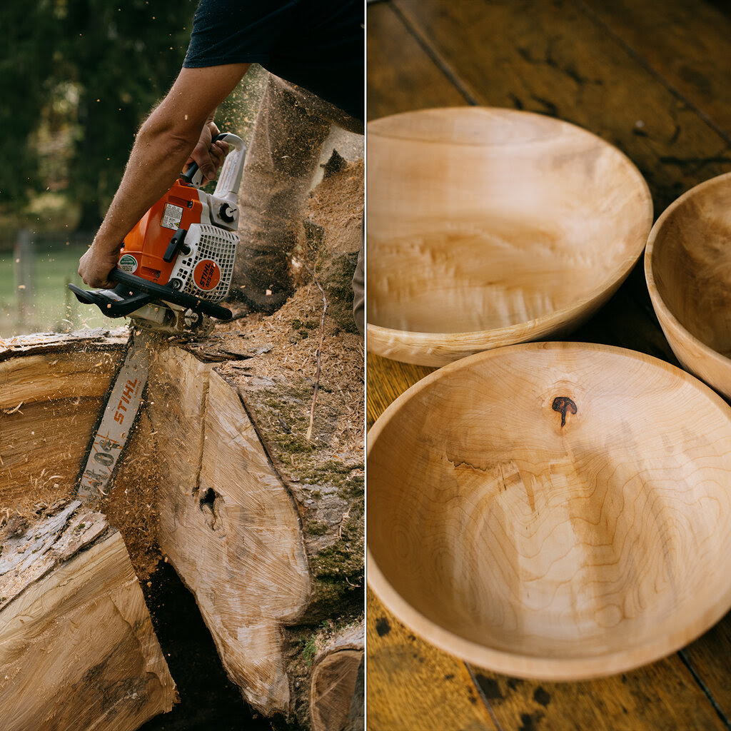 On the left, a photo shows a chain saw being used to cut pieces off a thick log. On the right, wooden bowls sit on a wooden surface.