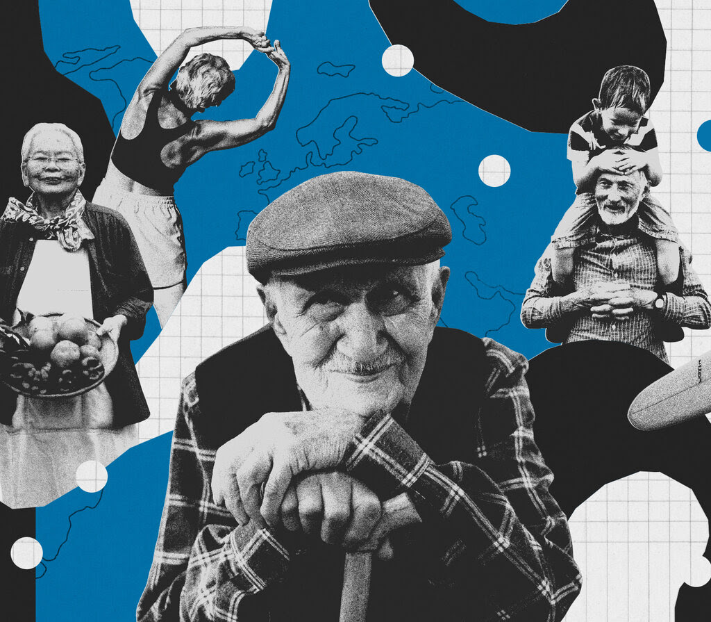 A collage illustration of several black-and-white photos of older people participating in activities including: surfing, playing with children, collecting produce and stretching. Behind them is a collage of graph paper and a blue map. 