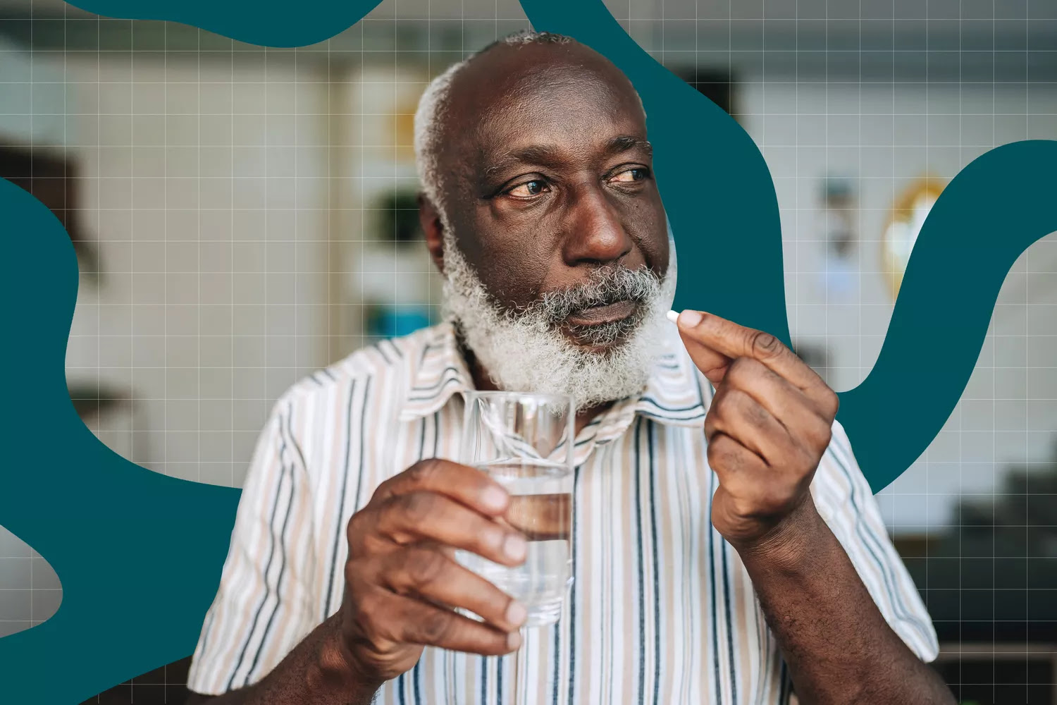 a photo of an older man taking a supplement with a glass of water