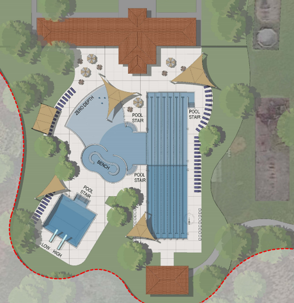 A rendering of Option A with attached lap lanes for the City Park Pool Redesign.