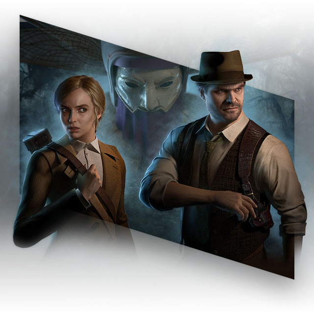 Alone in the Dark key art depicting protagonists Edward Carnby and Emily Hartwood looking at something out of frame, standing before a hooded figure in a mask.