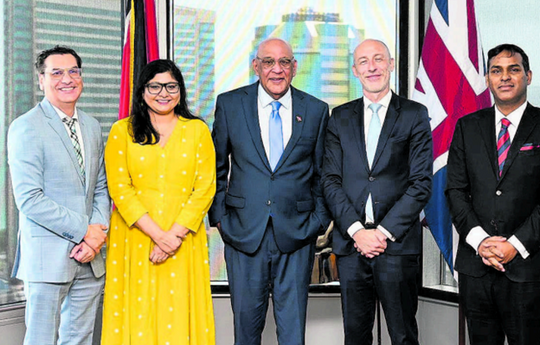 Minister of Trade, Investment and Tourism, Senator Satyakama Maharaj, centre, meets with High Commissioner of the United Kingdom to T&T, Jon Dean, second from right. Others in the photo are parliamentary secretary in the ministry, Neil Gosine, left, head of political, economic and press affairs at the High Commission, Chinali Patel, and permanent secretary, Randall Karim, following their meeting at the Ministry’s headquarters on Monday. PHOTO BY MINISTRY OF TRADE, INVESTMENT AND TOURISM