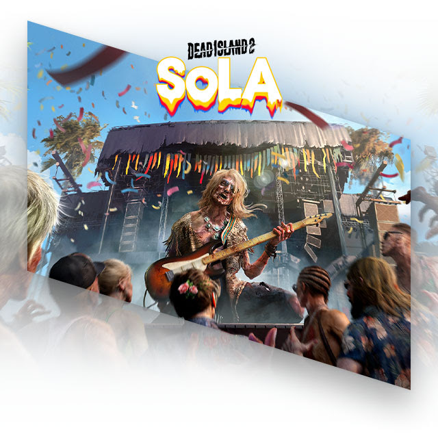 A zombie with a singular arm holds a guitar on an outdoor concert stage as other zombies rush towards it. Dead Island 2 – SoLA game logo overlay.