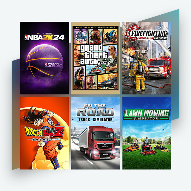 Key art for the games NBA 2K24 Baller Edition, Grand Theft Auto V (Xbox One & Xbox Series X|S), Firefighting Simulator - The Squad, Dragon Ball Z: Kakarot, ON THE ROAD - The Truck Simulator, and Lawn Mowing Simulator.