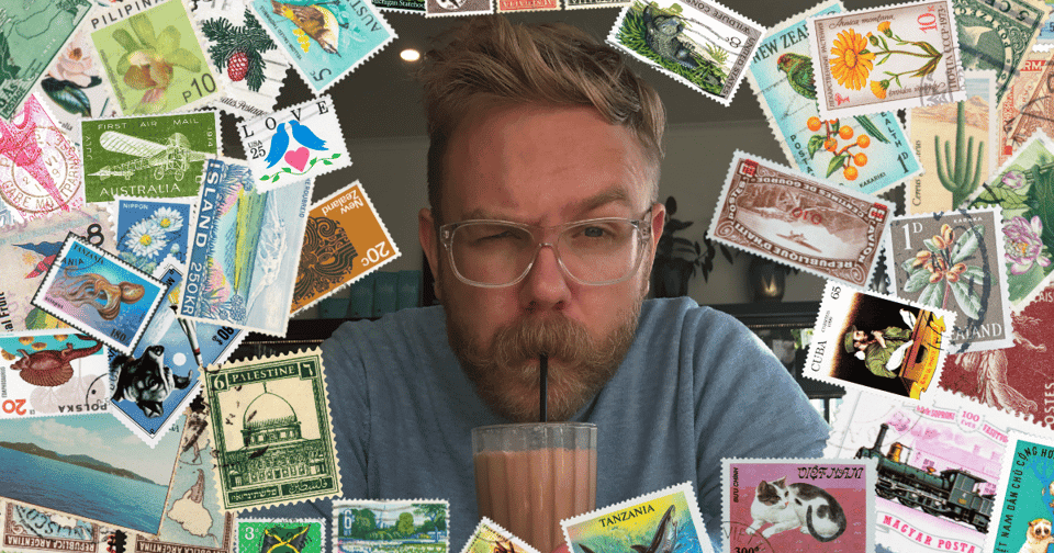 A digital collage of lots of different postage stamps surrounding JJW drinking a milkshake.