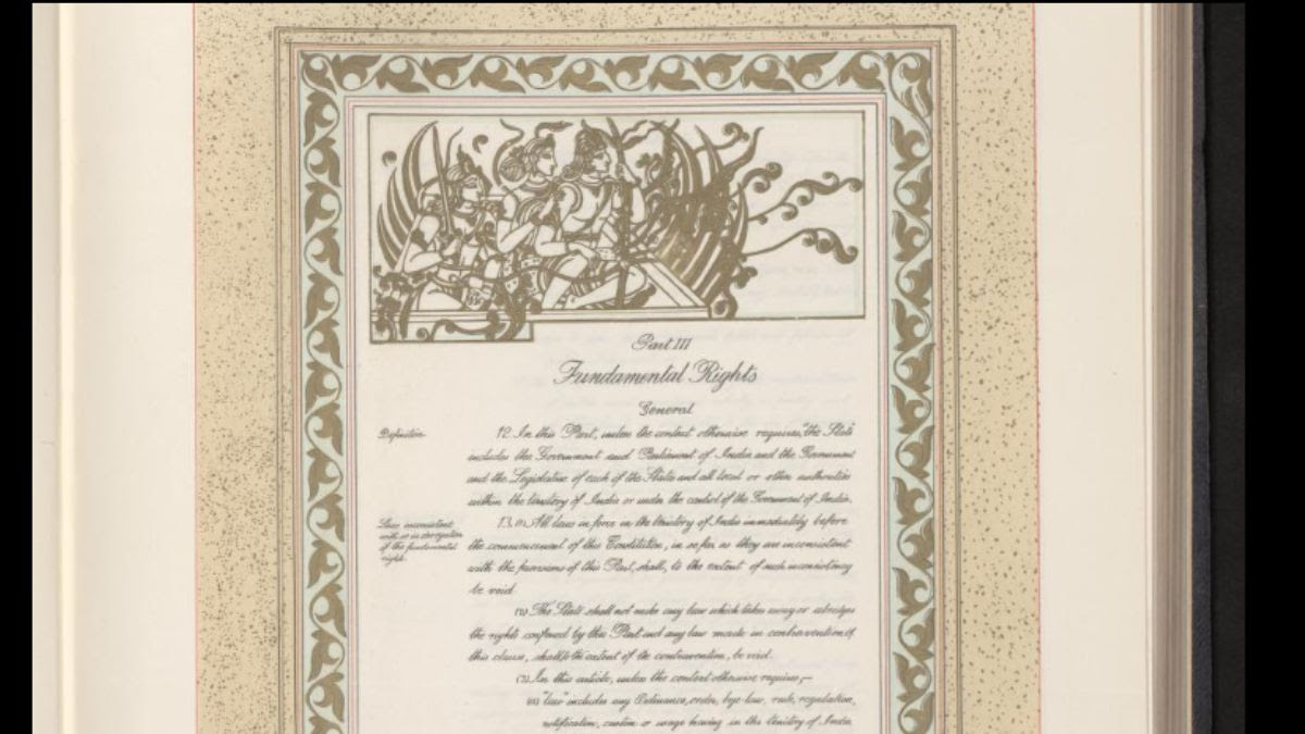 The painting at the start Part III of the Constitution on fundamental rights depicting Hindu deity Ram, Sita and Lakshman returning to Ayodhya from Lanka | Courtesy: US Library of Congress