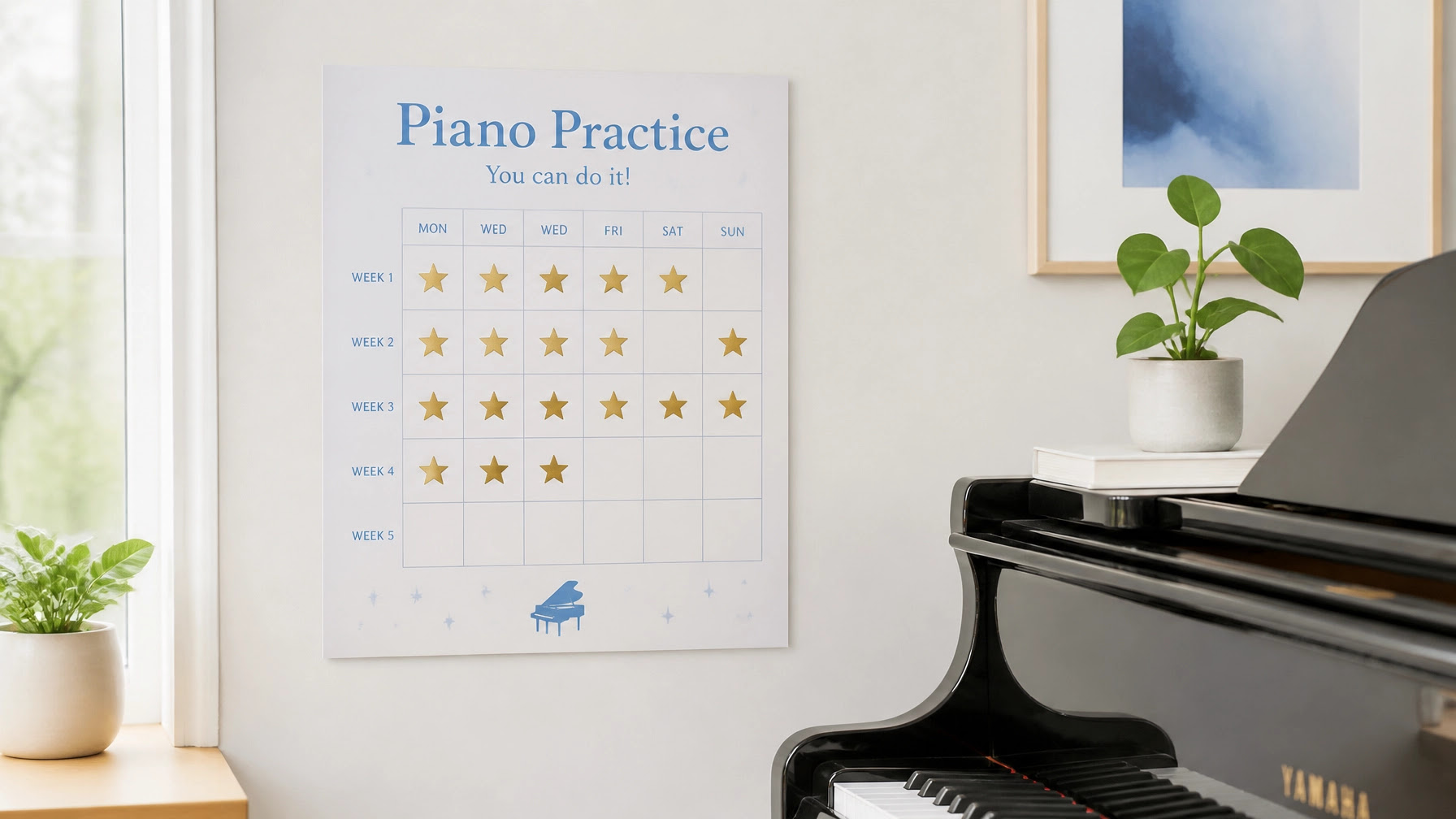 A high-quality, professional, minimalist photo of a neat practice chart with star stickers beside a piano in a bright and airy home setting, with natural lighting and soft blue accents. A high-quality, professional, minimalist photo of a neat practice chart with star stickers beside a piano in a bright and airy home setting, with natural lighting and soft blue accents.