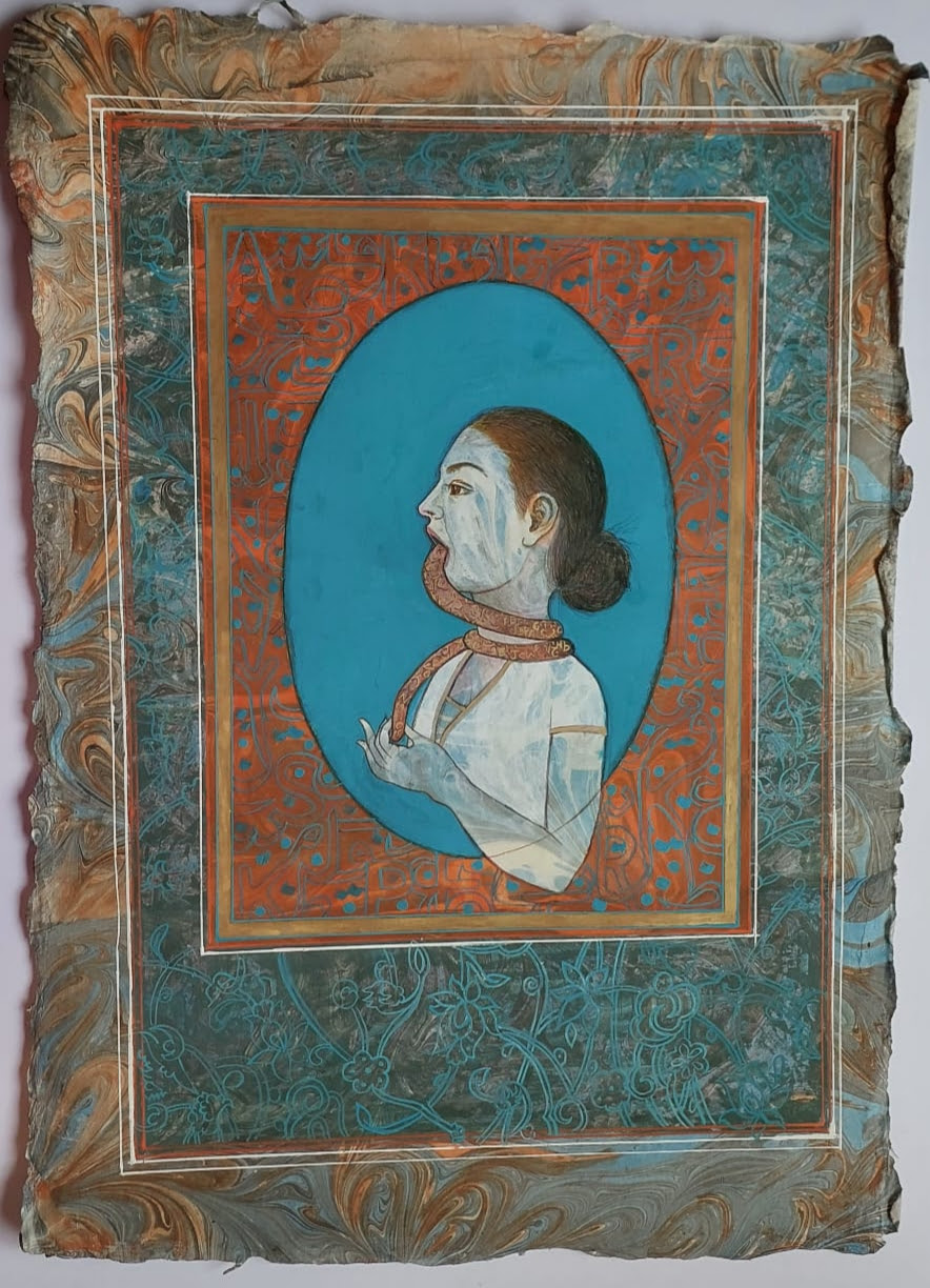 This artwork depicts a woman with a long snake-like tongue protruding from her mouth and wrapping around her neck. She is set in a blue oval within a brown-orange rectangle, which in turn is placed in paper-like rectangles with intricate and swirling designs.