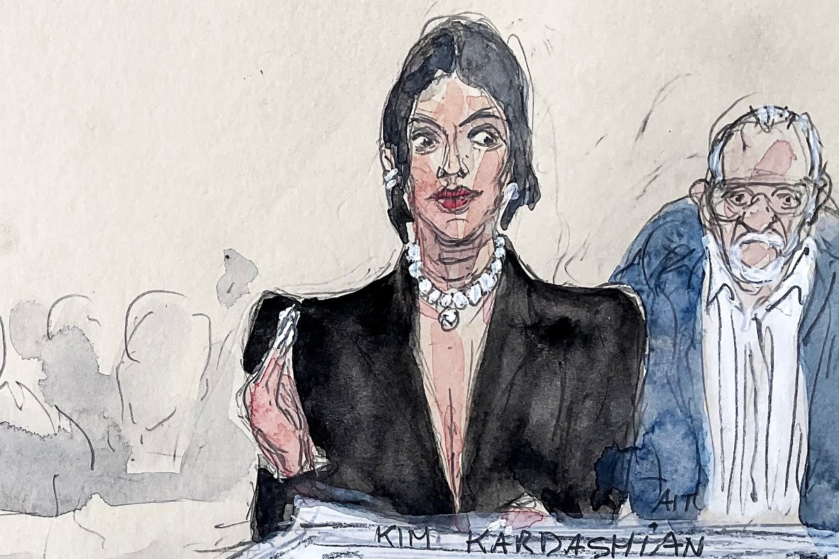 This court sketch made on May 13, 2025 in Paris shows US celebrity Kim Kardashian (C), next to co-accused Aomar Ait Khedache, testifying before the Assize Court for the trial over the 2016 robbery.