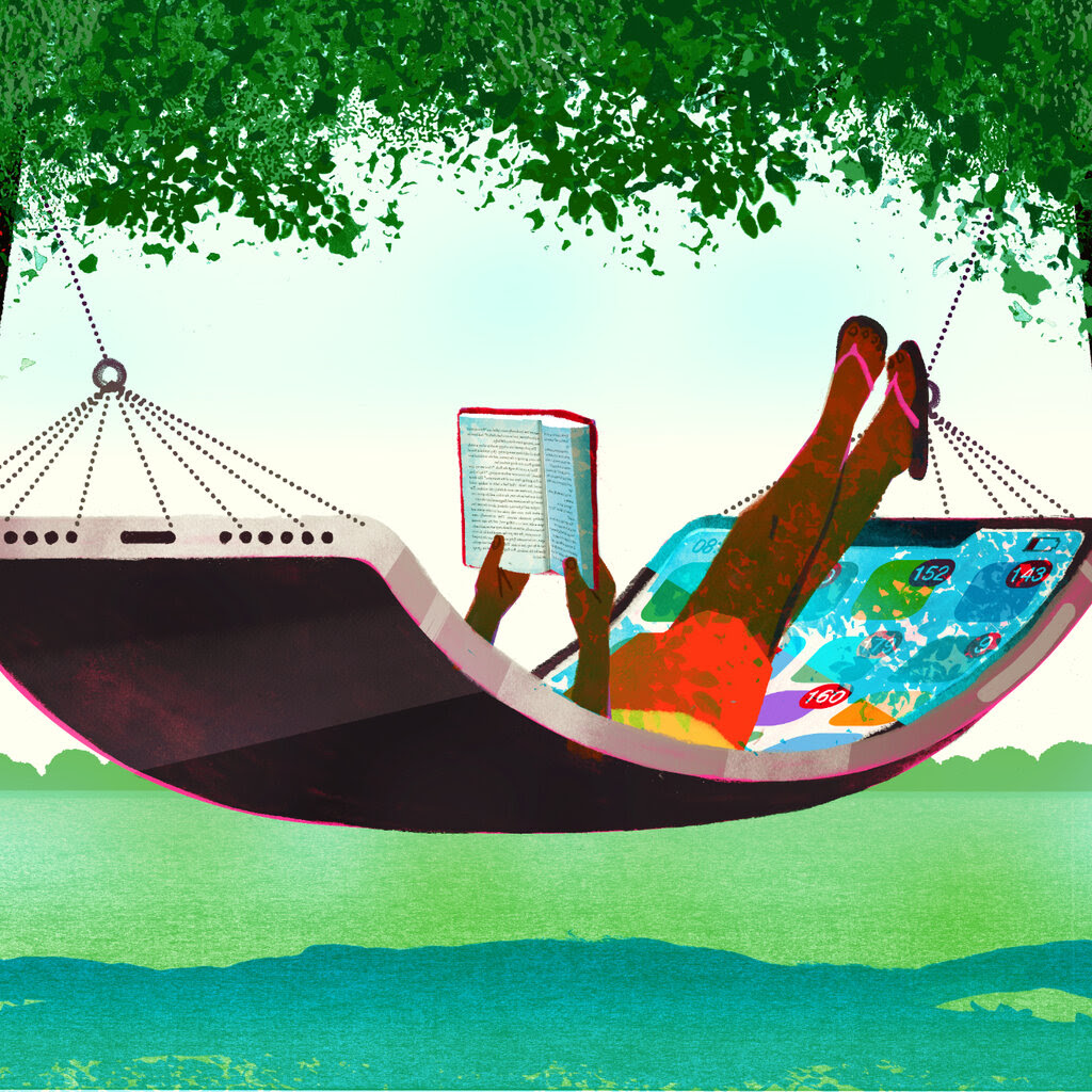 An illustration of a person reading a book while lying on a hammock fastened between two trees in a grassy park. The hammock looks like a smartphone. 
