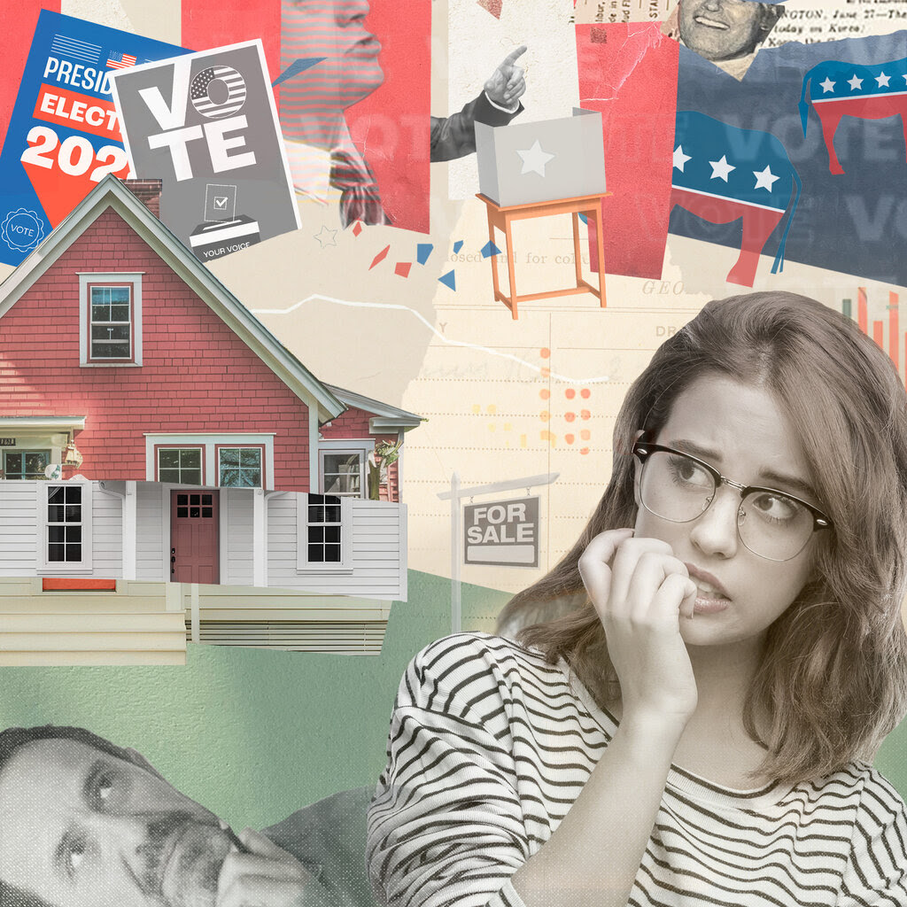 A photo collage of a woman biting her nails and a man pondering with chin in hand, as a voting booth, election signs and a house with a “For Sale” sign swirl around them.