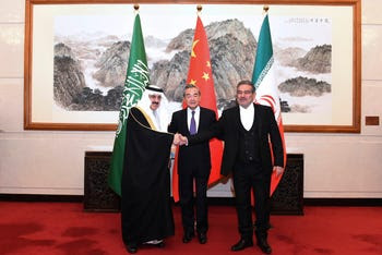 A ceremony for Iran and Saudi Arabia's renewed diplomatic relations in 2022.