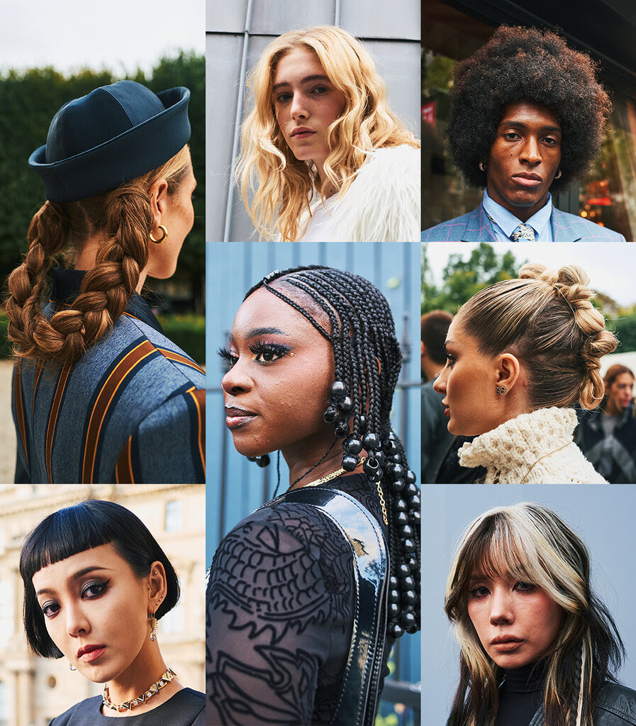 A grid of photos showing hairstyles of various lengths, textures and colors. 